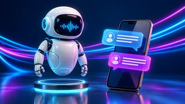 Futuristic robot assistant with voice wave screen next to smartphone displaying glowing chat bubbles for automated customer support