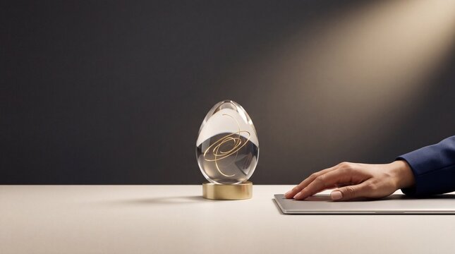 Elegant glass egg-shaped lamp with warm LED lights on a brass base, beside a hand and laptop, soft dramatic lighting, sophisticated ambiance