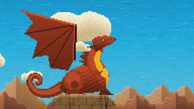 Seamless looping 8-bit pixel art fantasy scene. A large red dragon with a raised bat wing, spiked crest, yellow belly stripe and curled tail crouches.