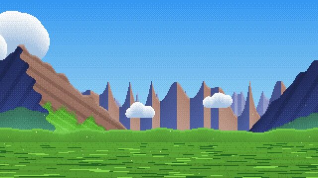 Seamless looping 8-bit pixel art game level background. Layered parallax scrolling with a hero mountain with green slopes, distant blue ranges, large.