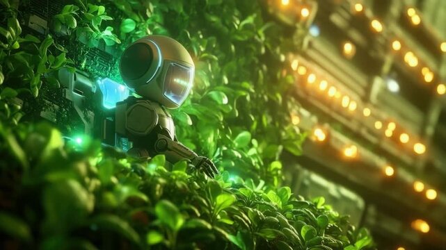 White futuristic robot tending to plants in clean laboratory, robotic precision for sustainable agriculture and artificial intelligence innovation