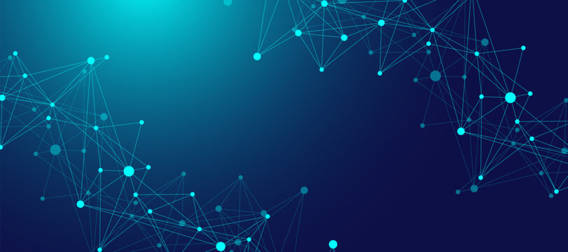 Digital network connections concept. Global connection lines and dots on dark blue background with copy space. Futuristic plexus effect. Vector illustration.