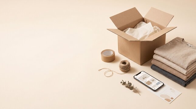 Open cardboard box with folded clothes and packing supplies on