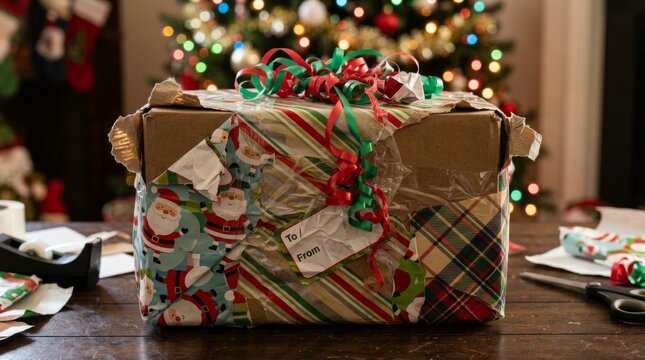 Christmas present poorly wrapped in torn holiday paper on a craft table. Festive gift wrapping mishap. Christmas preparation and seasonal celebration. Last minute holiday packaging