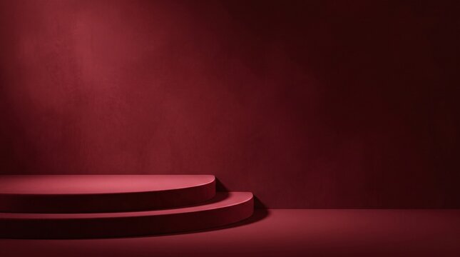 Red illuminated stage platform with spotlight effect on dark