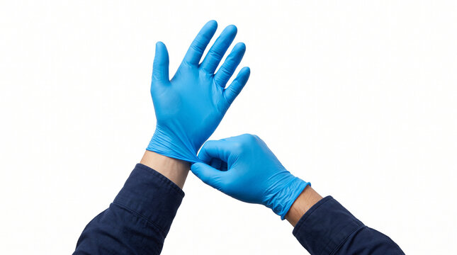 Person coping with obsessive-compulsive disorder putting on blue protective rubber gloves to prevent contamination and germ contact
