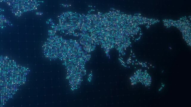 Blue digital square pixel world map background featuring seamless loop motion graphics with depth of field for industry 4.0, global, technology, corporate, IT, business, or broadcast presentation