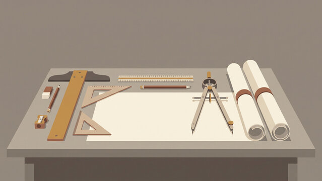 Clean flat vector illustration of architectural drafting tools and blueprints on desk