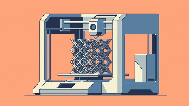 Clean flat vector illustration of industrial 3d printer creating geometric object
