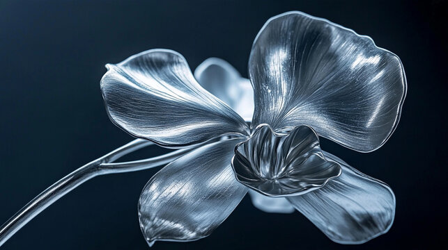Extreme close-up luxury photograph of one orchid flower sculpted entirely from polished platinum metal, five elegant metallic petals with delicate natural curves, realistic silver