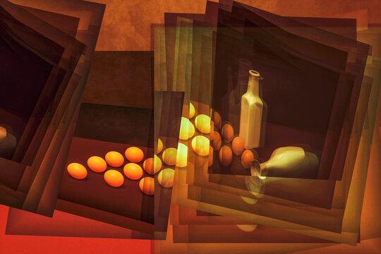 Abstract still life with various objects and figures
