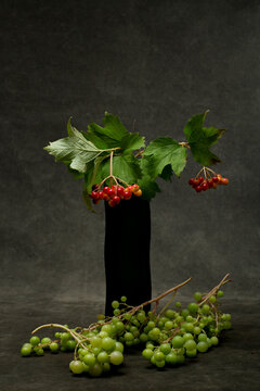 Guelder rose berries, grapes, and a glass vase against a dark background.