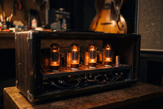 Vintage guitar tube amp with four power valves.