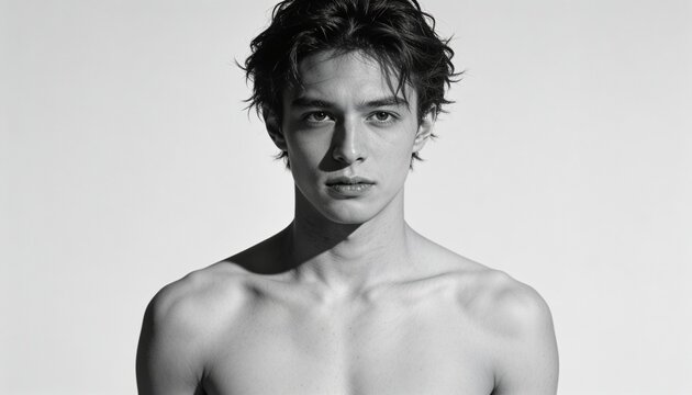 Posing shirtless male model gazing right in studio, with seamless gray backdrop and studio light