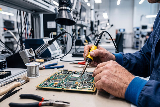 Repaiting PC board in a professional tech service.