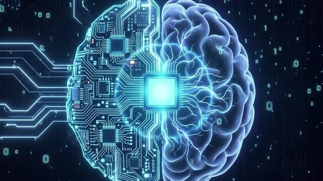 Artificial intelligence human brain divided into circuit microchip board and neural synapse networks. Futuristic 3d rendering of cyber technology concept.