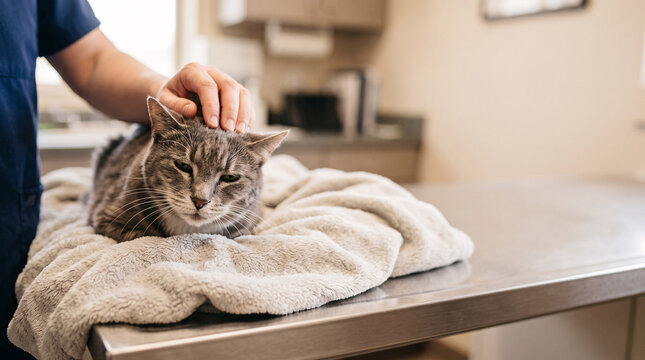 Vet gently petting grey tabby cat resting on cozy towel on exam table