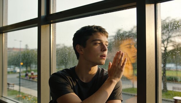 Pressing right hand, teenage male in dark t-shirt gazing through rainy window at cafe, reflection