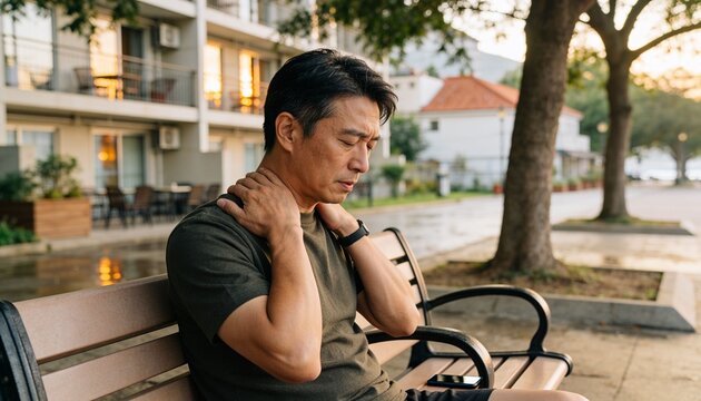 Holding neck, midlife man sitting on bench by sidewalk, wearing olive tee, phone nearby, copy space