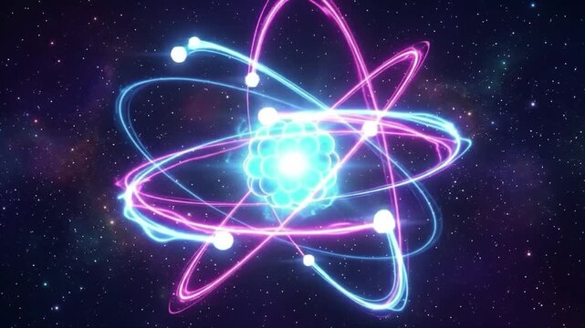 Abstract glowing atom nucleus science animation concept. Quantum physics nuclear energy 3D rendering background. Futuristic particle molecule model study.