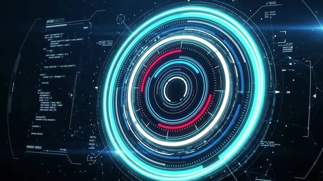 Futuristic HUD digital interface radar circle animation concept. Abstract blue cyber target data technology 3D rendering. Glowing sci-fi system element.