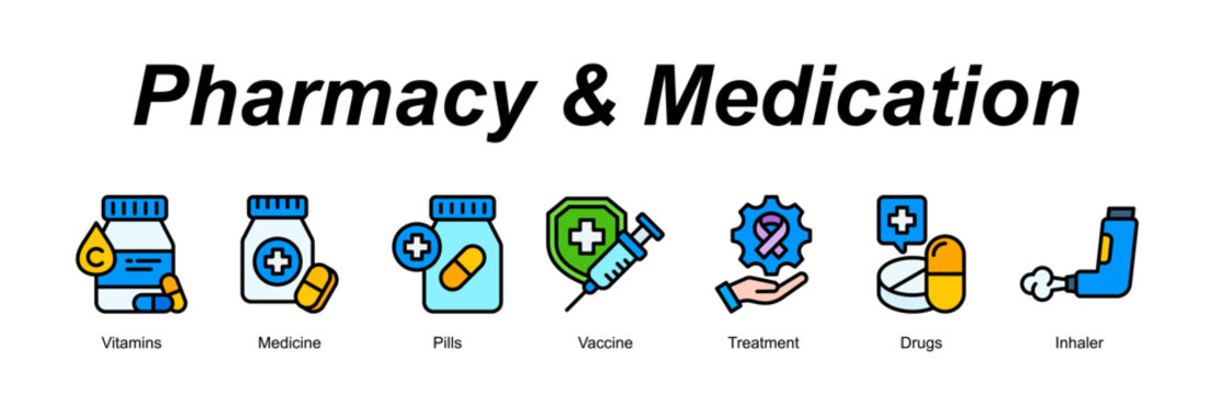 Pharmacy & Medication web banner icon concept for with icon of Vitamins, Medicine, Pills, Vaccine, Treatment, Drugs, Inh.