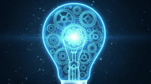 Digital light bulb gear mechanism animation concept. Glowing idea engine technology innovation 3D rendering. Cyber creative mind business study.