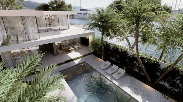 Modern two story house exterior with swimming pool, lounge area and tropical garden 3d visualization
