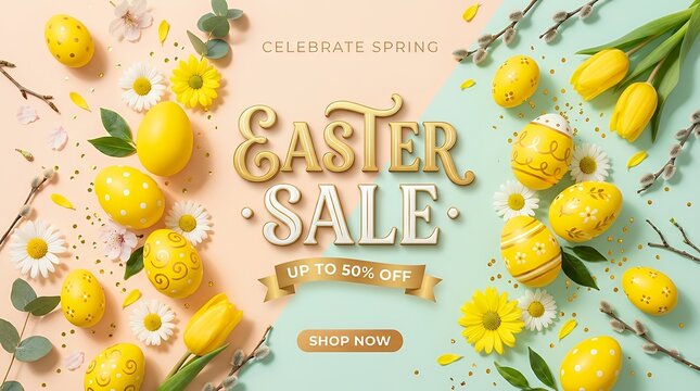 Beautiful seasonal festive easter holiday promotional discount sale template composition decorated with bright yellow painted eggs on clean pastel background for festive spring shopping marketing