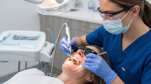 Dentist in gloves treating patient teeth with dental laser in modern clinic. Oral care and dental treatment. Dentistry, medicine and healthcare concept.