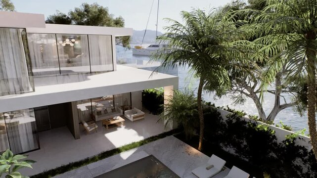Modern two story house exterior with swimming pool, lounge area and tropical garden 3d visualization
