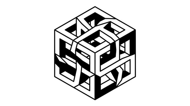 Black and white impossible geometric cube illusion illustration.