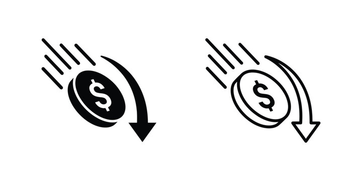 Downward trending financial icons with dollar signs and arrows indicating loss or decline isolated on transparent background