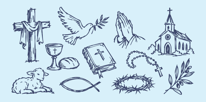 Christian Religious Symbols Hand Drawn Sketch Set with Cross, Dove and Bible