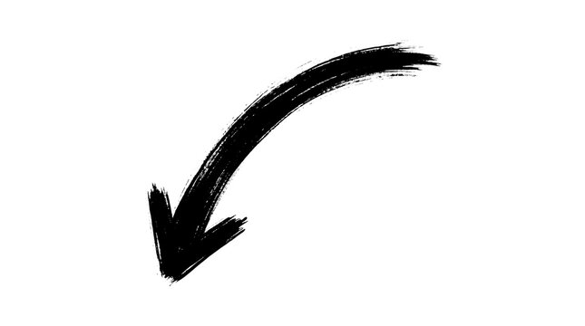 Black hand drawn arrow brush stroke pointing down on a white