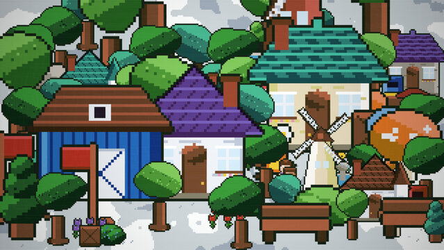 Retro pixel art village with small houses and windmill, 8-bit video game town landscape vector, isometric suburban neighborhood background