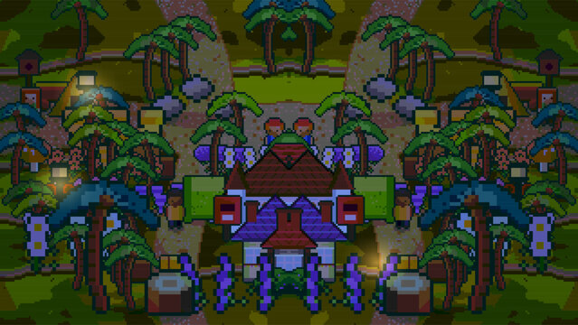 Retro pixel art tropical island village, 8-bit game landscape with palm trees and houses, vintage video game background vector