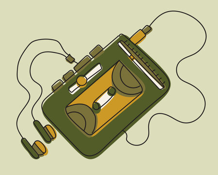 Cassette player portable audio tape walkman vector illustration. Retro olive green portable cassette tape player connected small wired earphones transparent window showing yellow tape cassette buttons