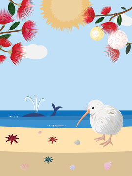 New Zealand Christmas card with unique white kiwi bird on sandy beach, whale tail and red pohutukawa blossoms decorated with ornaments