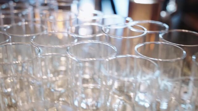 Empty glass cups stand arranged in neat rows on bar counter. Clean glassware setup creates expectant professional atmosphere before event
