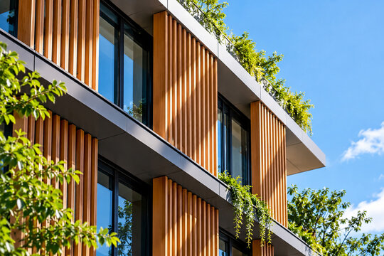 Modern Building Facade with Vertical Wood Slats and Reflective Glass
