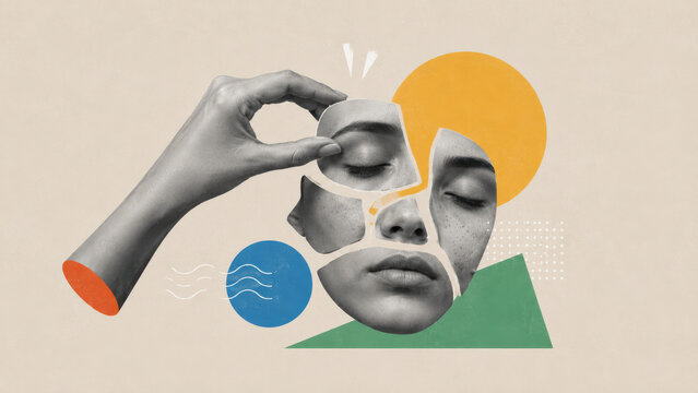 Hand fitting a torn piece back into a fragmented face of a woman with closed eyes, paper collage. Identity, healing and piecing yourself back together