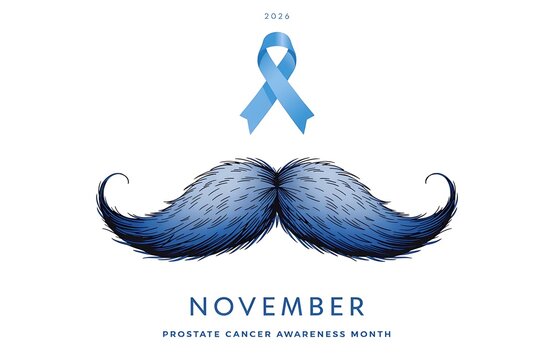 Blue mustache and ribbon symbol for prostate cancer awareness month in november with mens health white background campaign medicine healthcare prevention advocacy wellbeing