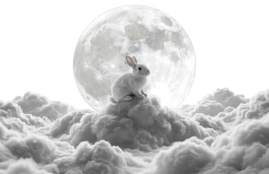 Single white rabbit sitting on fluffy clouds underneath a large full moon with black and small animal dreamscape serenity mythology celestial midnight ethereal tranquil peaceful