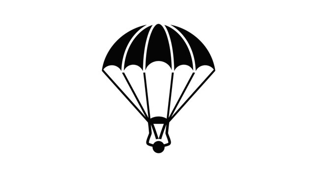 Minimalist silhouette icon of a parachutist descending with an open parachute.