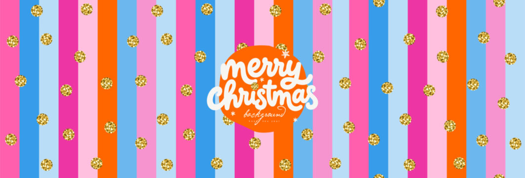 Seamless Christmas pattern and background. A vibrant New Year illustration of vertical stripes, sparkling gold dots and festive typography for banner, greeting card, wrapping paper and wallpaper
