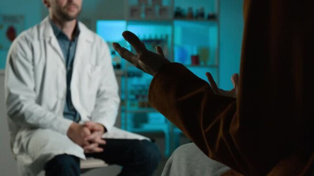 Female correspondent gesticulating while consulting Caucasian male doctor during interview in pharmacy store. Video suitable for healthcare campaigns, pharmacy advertising, and clinic promotions