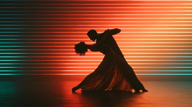 Silhouette of Couple Dancing Tango Against Neon Light Wall