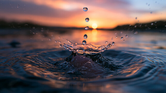 Water Drop Splash with Falling Droplets at Sunset