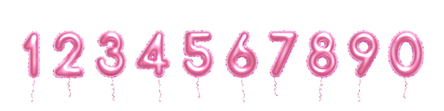 Pink 3D balloon numbers isolated on transparent background. Set of color metallic isolated numbers. Bright realistic vector design elements for birthday, anniversary, celebration, party, sale